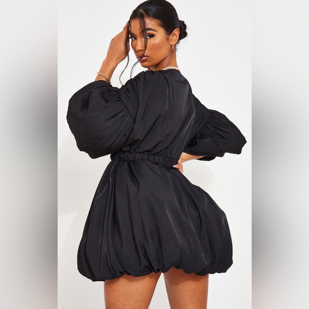 Black Puff Sleeve Puffball Hem Shift Dress - Picture 2 of 3